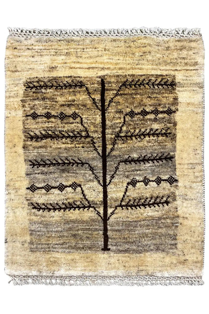 Gabbeh Lori rug, 81x61 cm: light beige pattern in black with fringes along the edge