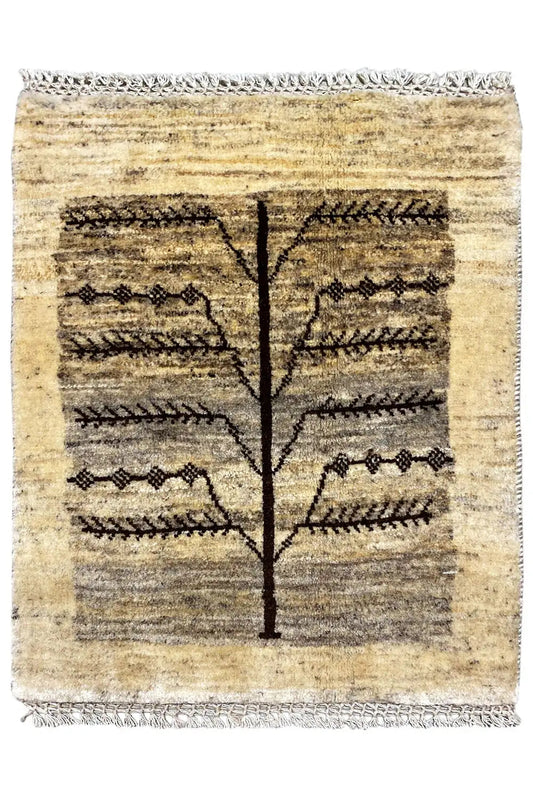 Gabbeh Lori rug, 81x61 cm: light beige pattern in black with fringes along the edge