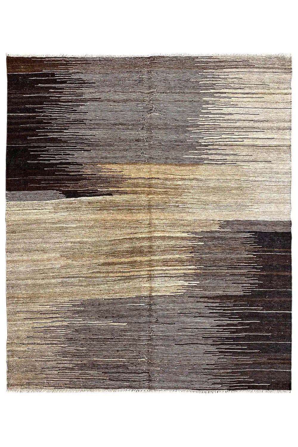 Kilim rug with horizontal bands of color in gray, beige, and dark brown.