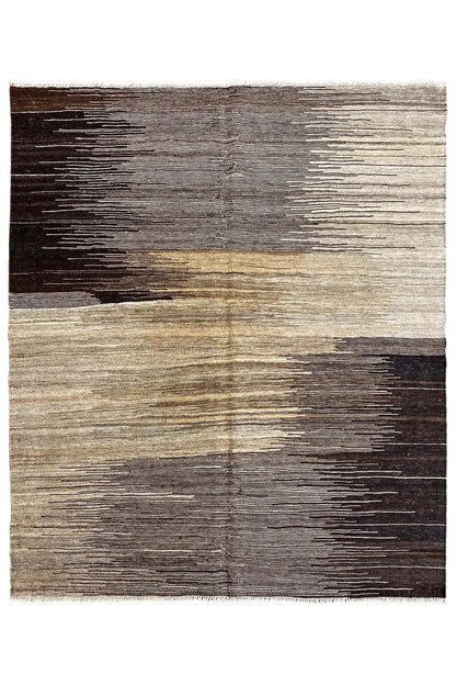 Kilim rug with horizontal bands of color in gray, beige, and dark brown.
