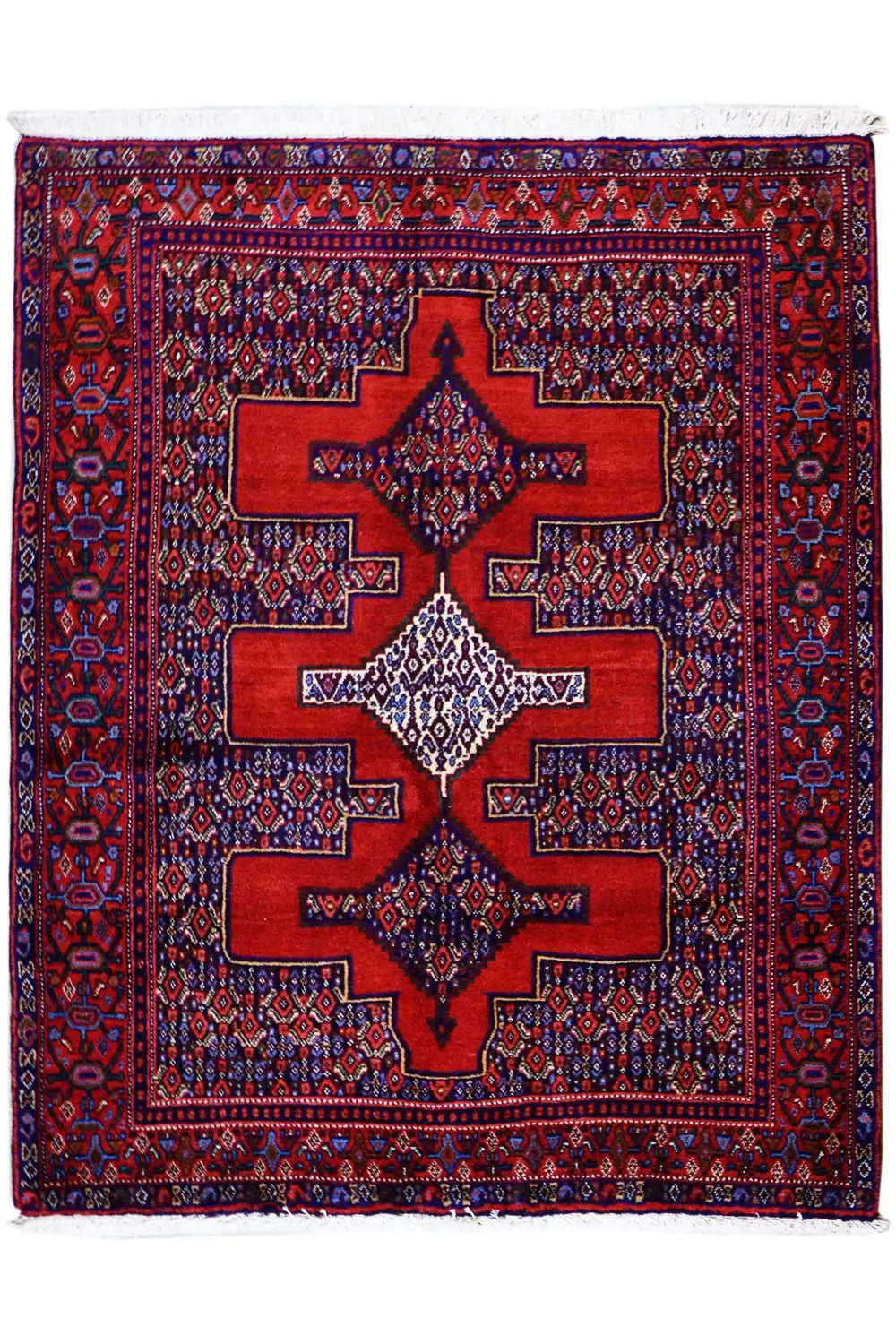 Hamadan rug, square, red central medallion with blue border
