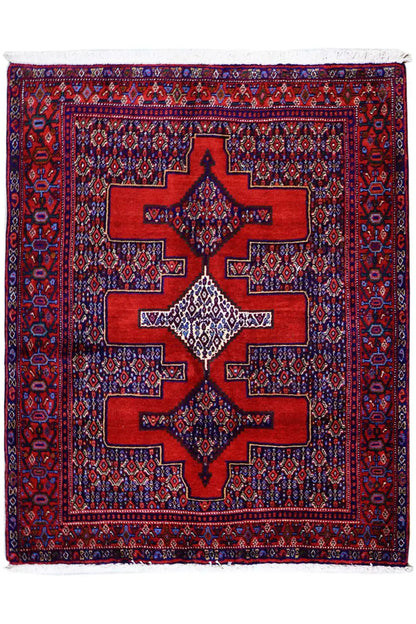 Hamadan rug, square, red central medallion with blue border