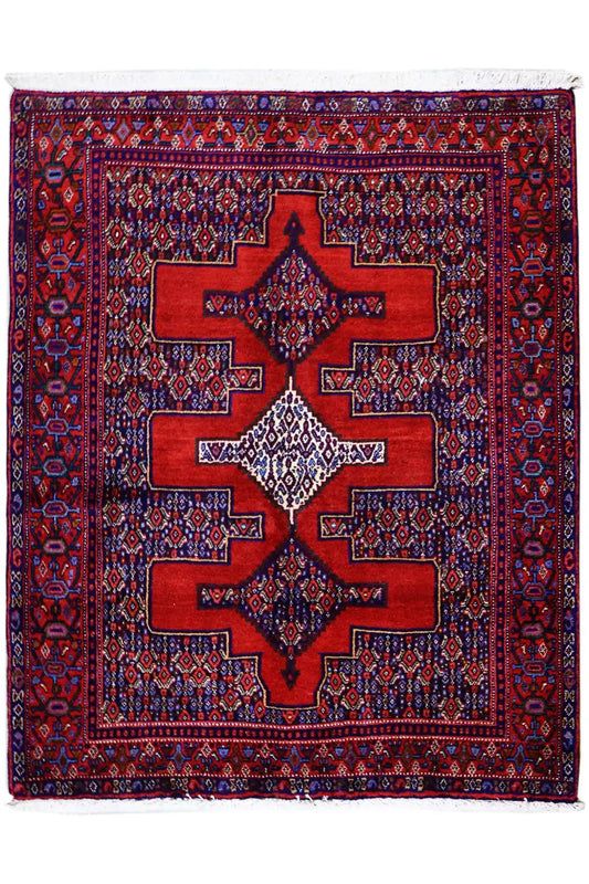 Hamadan rug, square, red central medallion with blue border