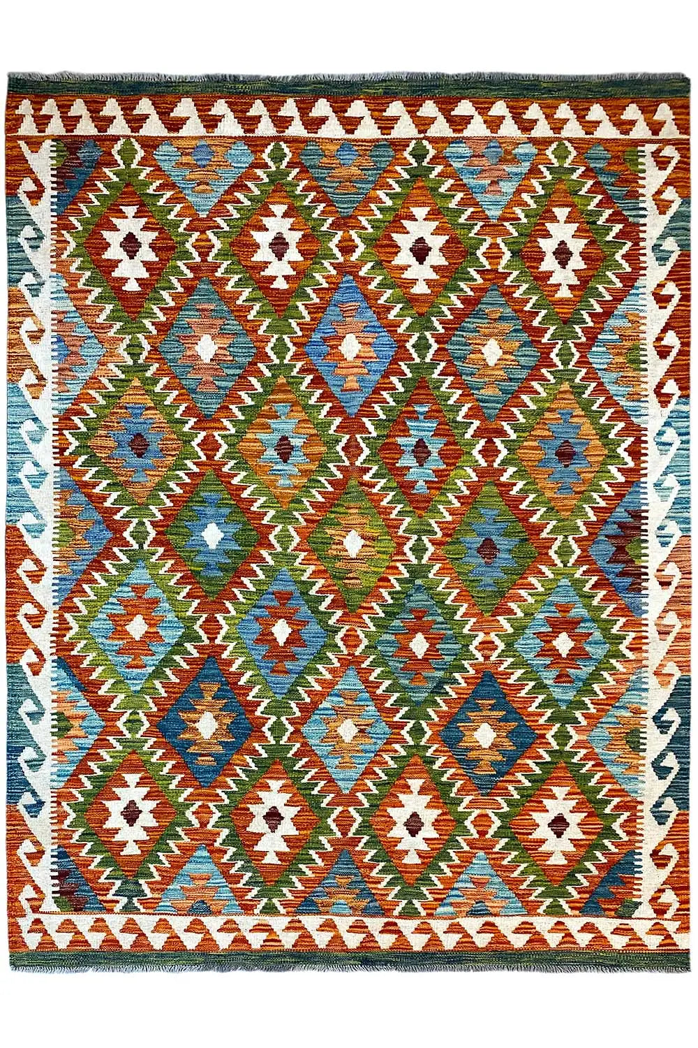 Kilim rug with a symmetrical geometric pattern in blue, green, and orange