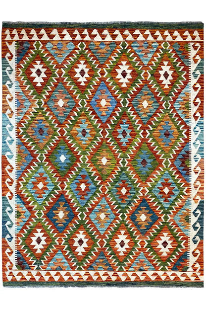 Kilim rug with a symmetrical geometric pattern in blue, green, and orange