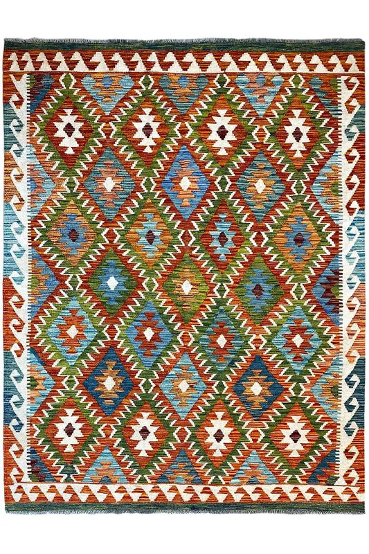 Kilim rug with a symmetrical geometric pattern in blue, green, and orange