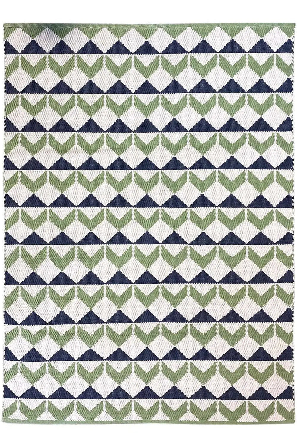Kilim rug in a block-stripe design with diamond and zigzag patterns, green/blue