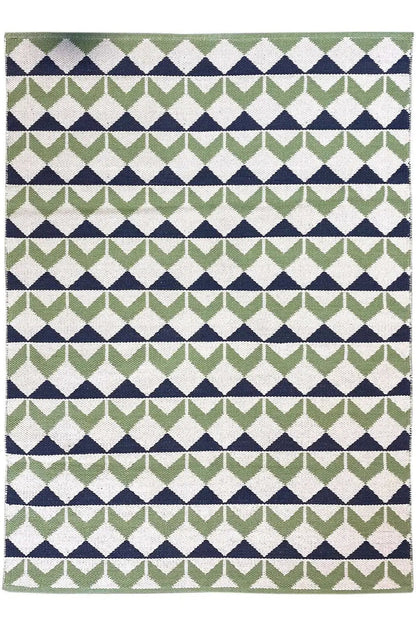 Kilim rug in a block-stripe design with diamond and zigzag patterns, green/blue
