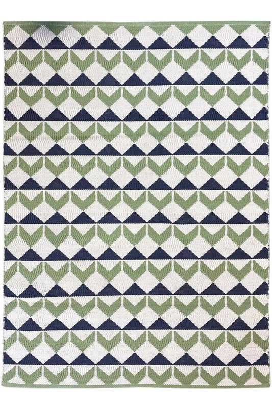 Kilim rug in a block-stripe design with diamond and zigzag patterns, green/blue