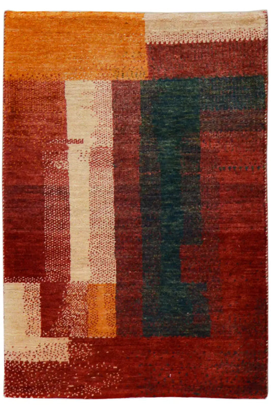 Gabbeh rug (89x60 cm) with a patchwork pattern in red, beige and dark green