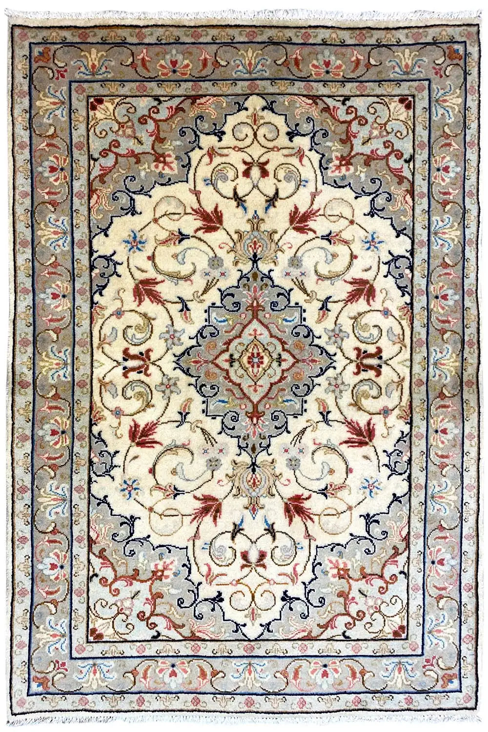 Keshan rug, beige with central medallion, blue-red vines in the border, 147x102 cm