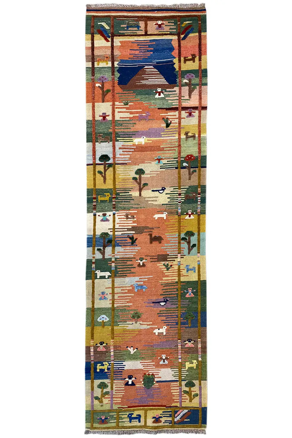 Kilim rug runner with an ornamental color pattern and fringe, rectangular