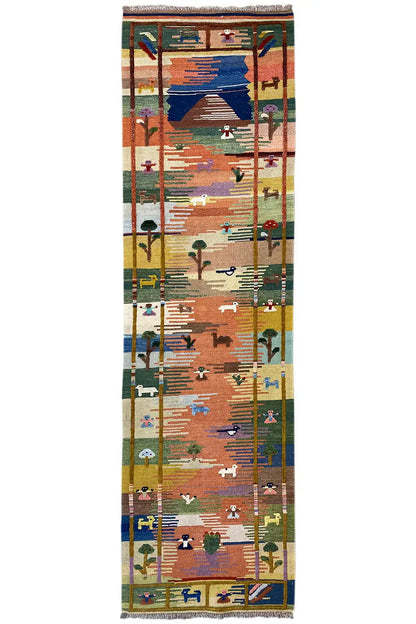 Kilim rug runner with an ornamental color pattern and fringe, rectangular