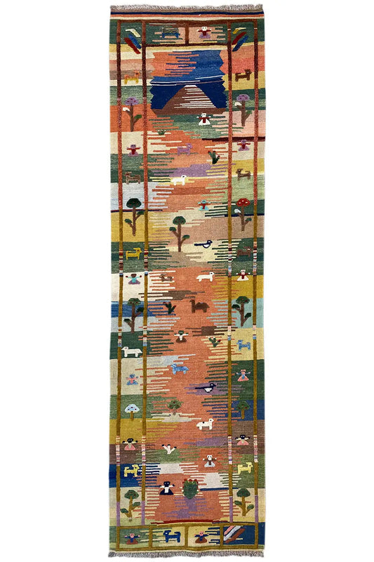 Kilim rug runner with an ornamental color pattern and fringe, rectangular