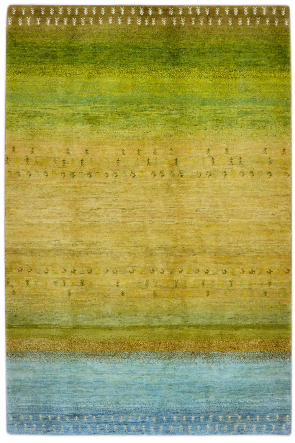 Gabbeh rug with horizontal color bands in green, yellow, and light blue