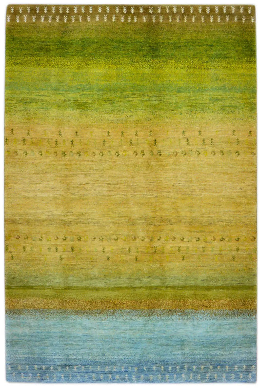 Gabbeh rug with horizontal color bands in green, yellow, and light blue