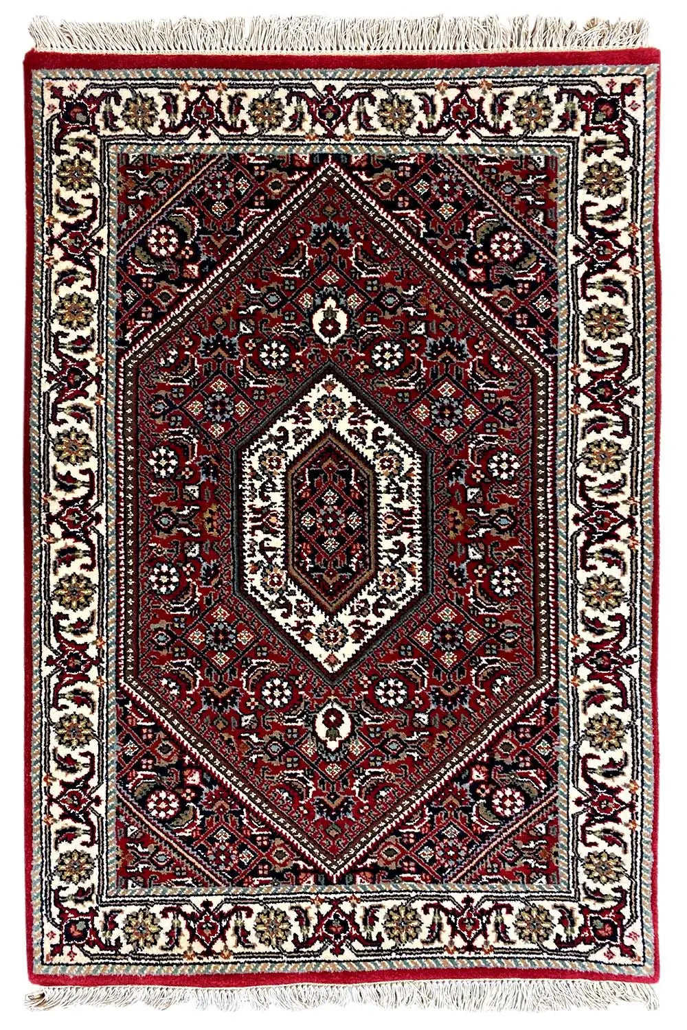 Bidjar rug 94x61 cm with red central medallion, beige border and fringes