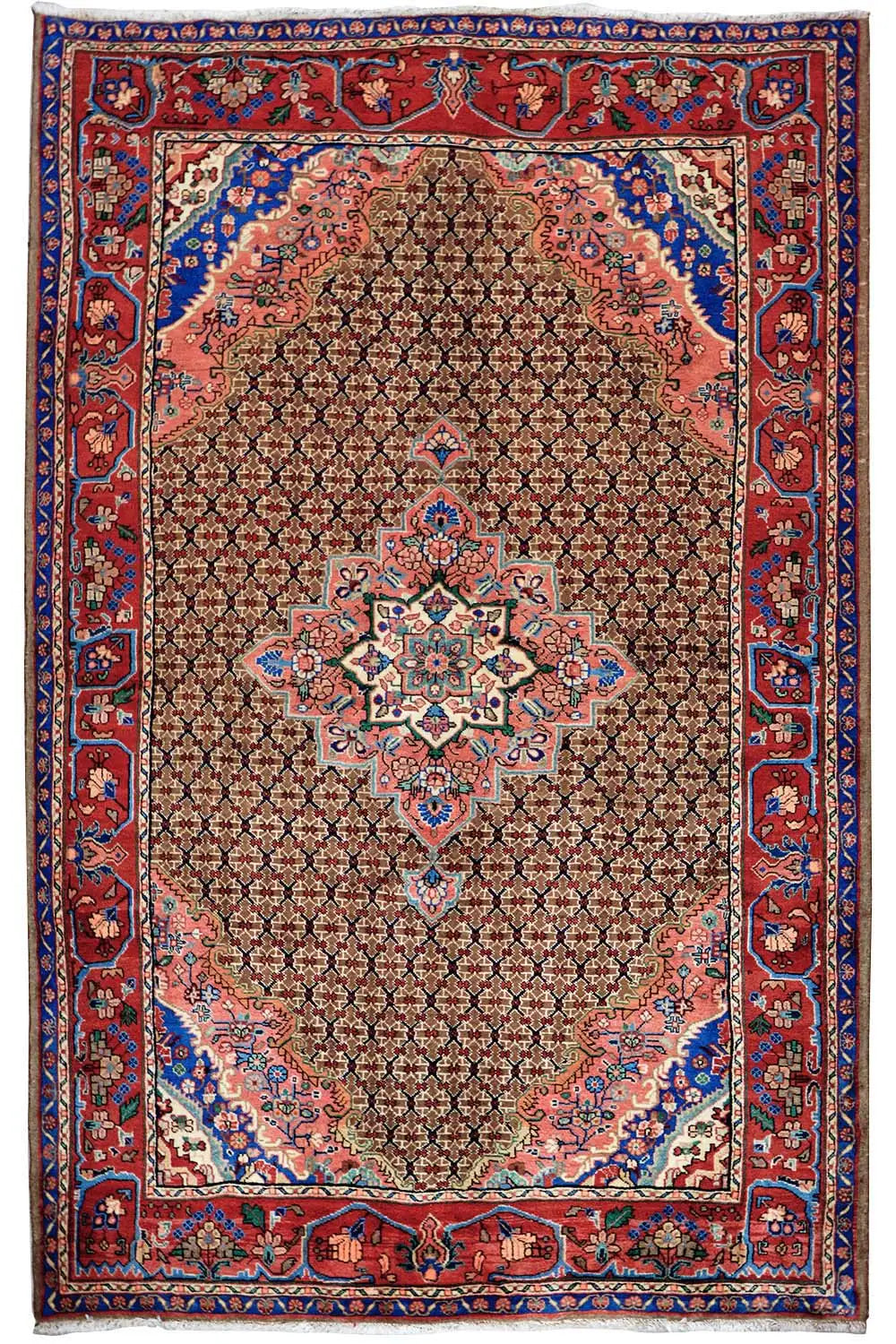 Hamadan rug with a brown central field, red border, and blue ornamental medallions