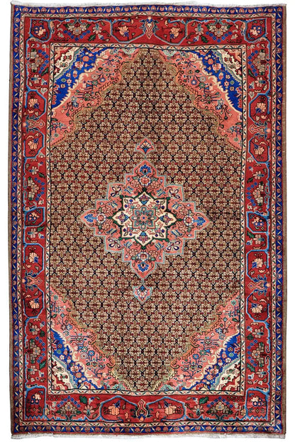 Hamadan rug with a brown central field, red border, and blue ornamental medallions