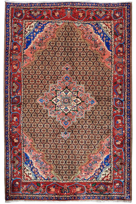 Hamadan rug with a brown central field, red border, and blue ornamental medallions