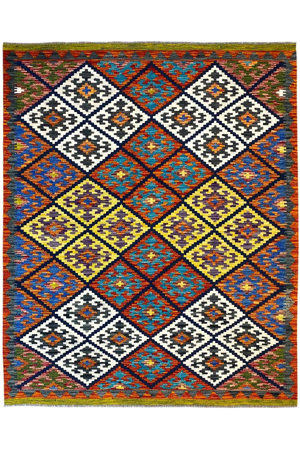 Kilim rug 202x152 cm with diamond and zigzag patterns in blue and white.
