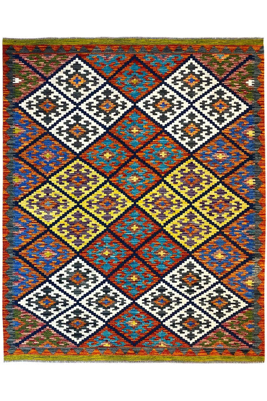 Kilim rug 202x152 cm with diamond and zigzag patterns in blue and white.
