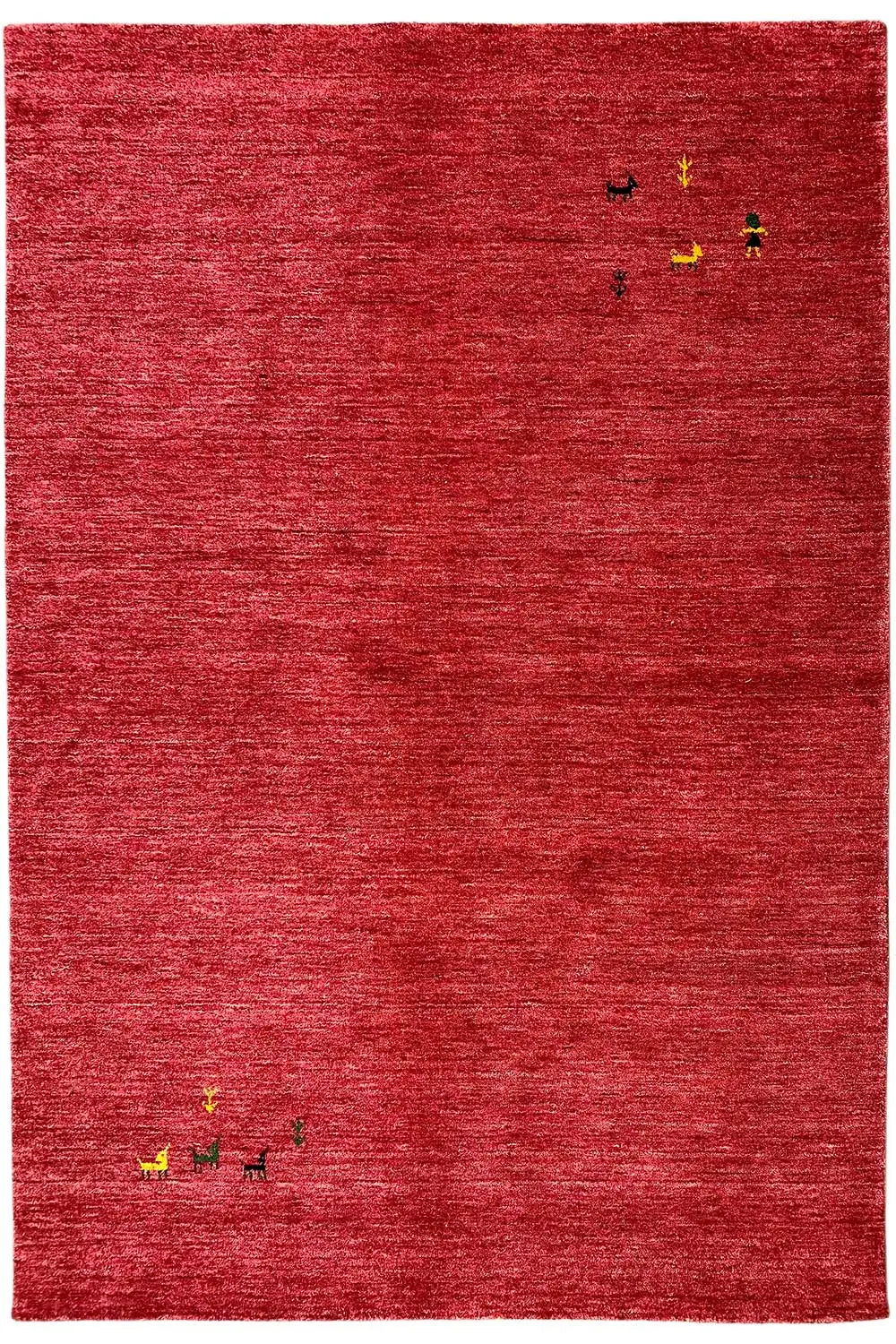 Rectangular red Gabbeh rug with scattered multicolored ornaments