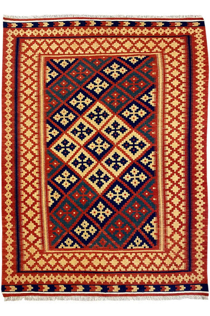 Kilim rug with a rectangular medallion in the central field, shades of red and blue, fringes at the bottom