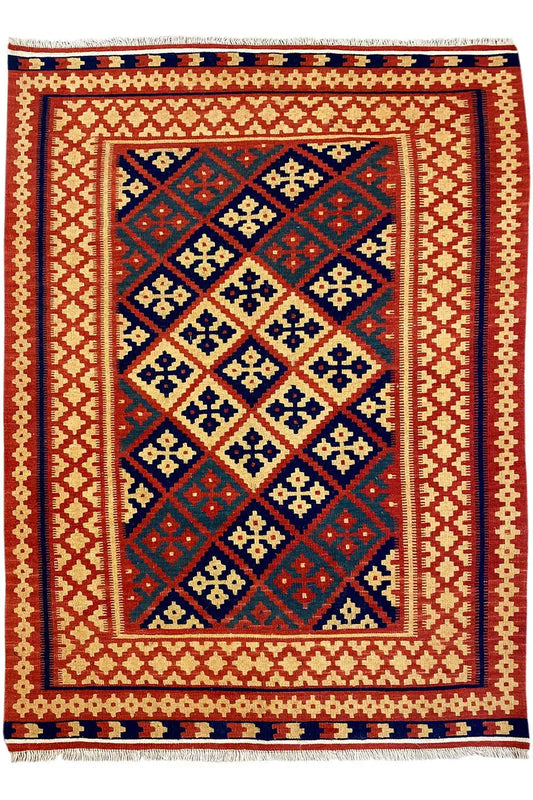 Kilim rug with a rectangular medallion in the central field, shades of red and blue, fringes at the bottom