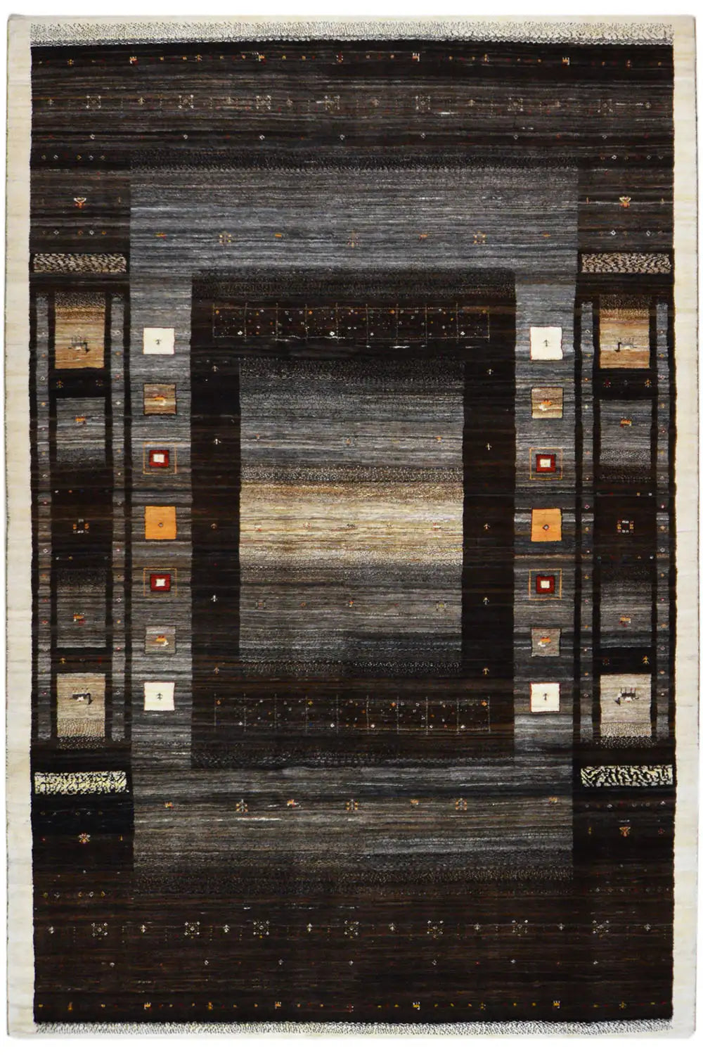 Gabbeh-Lori rug with a dark gray and brown pattern, rectangular border