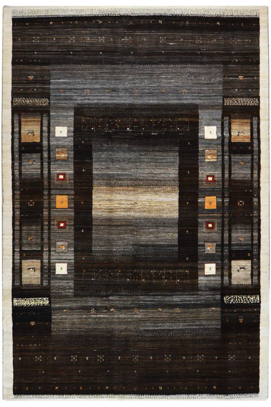Gabbeh-Lori rug with a dark gray and brown pattern, rectangular border