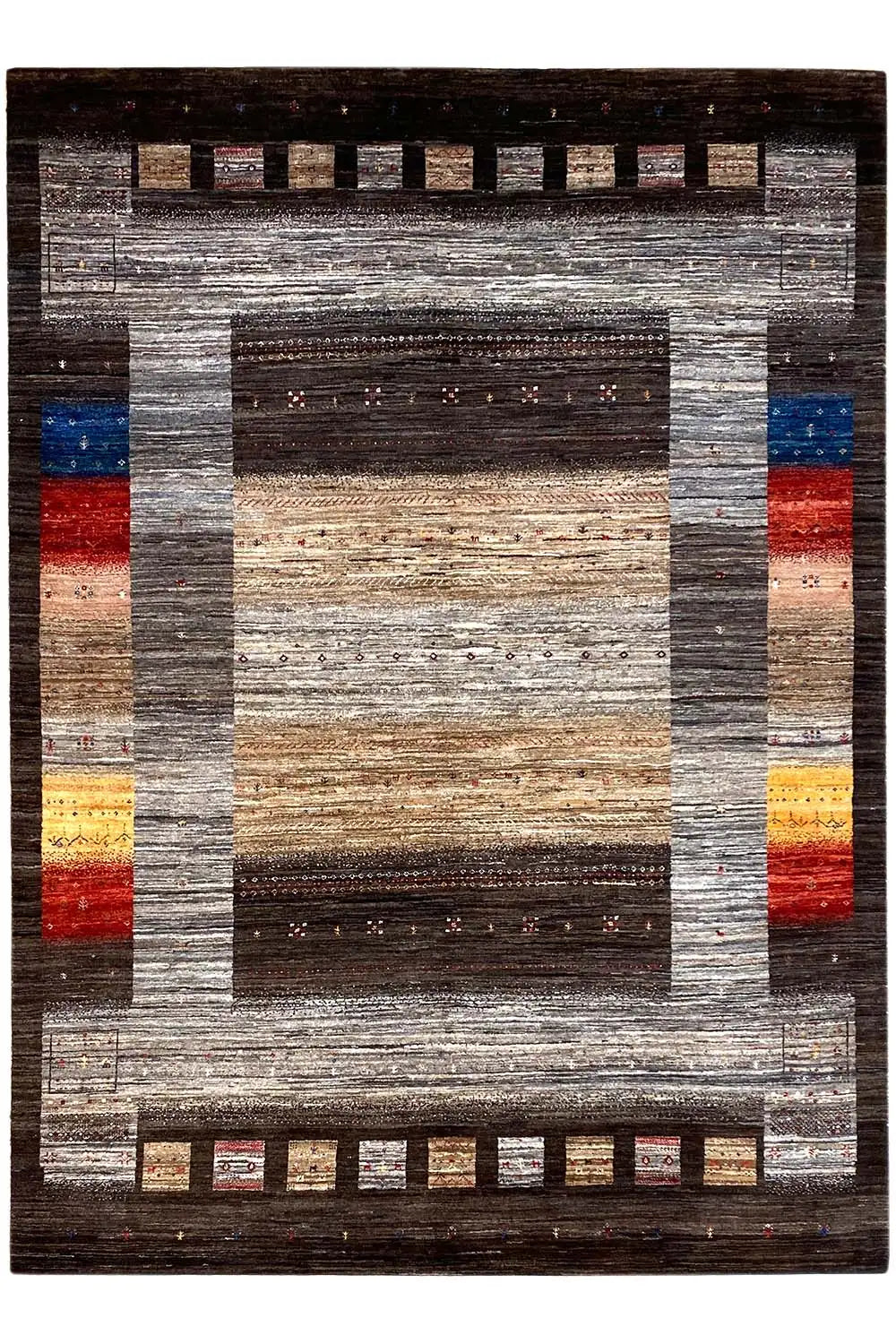 Gabbeh Lori rug with a rectangular pattern and multicolored accents, gray/beige