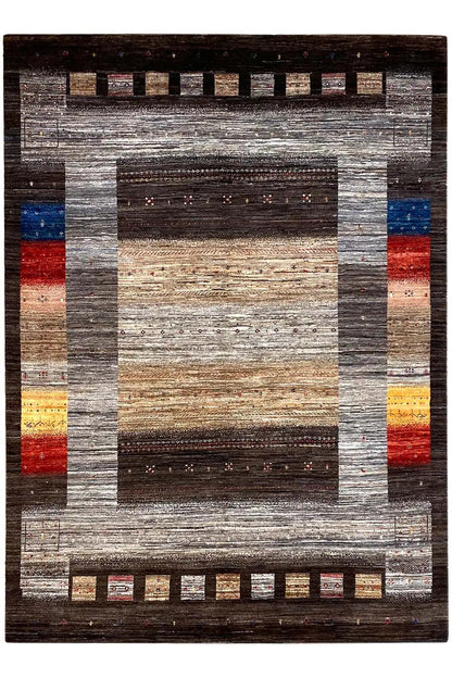 Gabbeh Lori rug with a rectangular pattern and multicolored accents, gray/beige