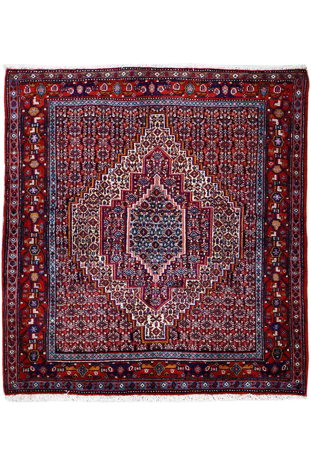 Hamadan rug with square medallion, red field and blue border