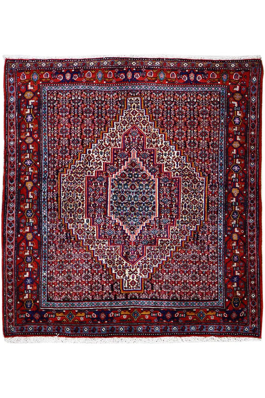 Hamadan rug with square medallion, red field and blue border