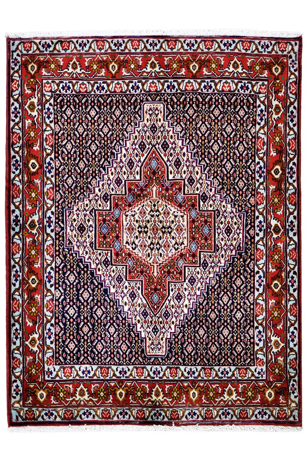 Hamadan rug with a square medallion in the center and surrounding red border design