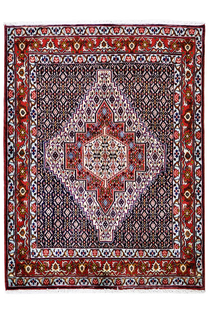 Hamadan rug with a square medallion in the center and surrounding red border design