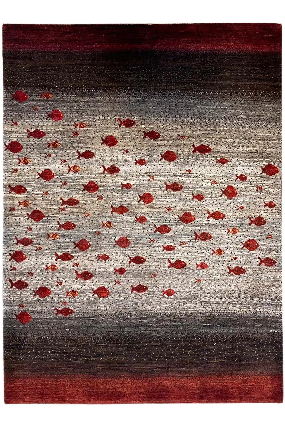 Gabbeh rug with a red floral pattern and dark brown border, rectangular