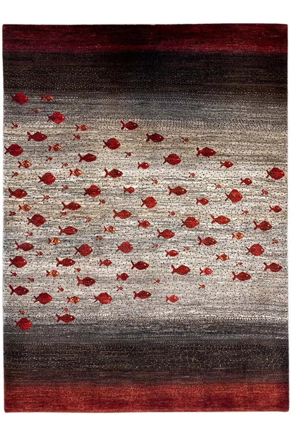 Gabbeh rug with a red floral pattern and dark brown border, rectangular