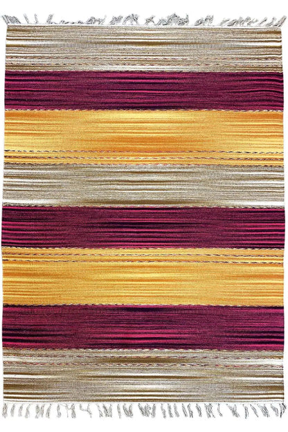 Kilim rug with stripes and border, Samak, cream/yellow/bordeaux, fringes