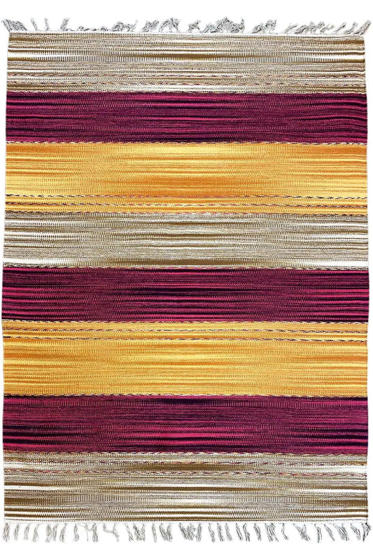 Kilim rug with stripes and border, Samak, cream/yellow/bordeaux, fringes