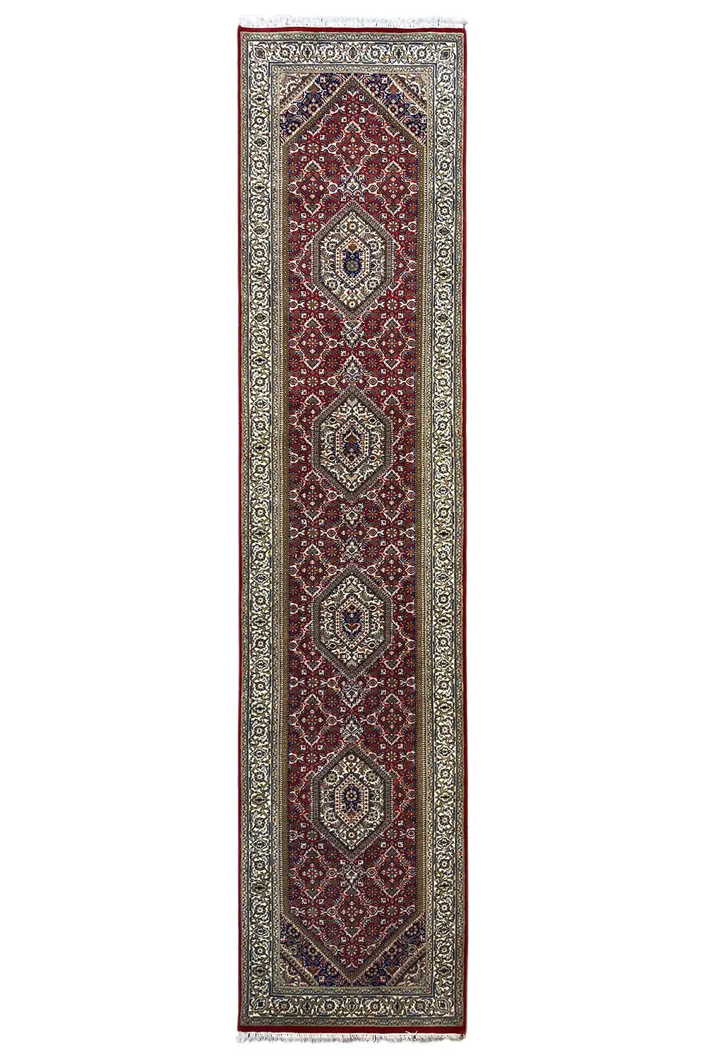 Bidjar runner rug with a long rectangular design: red field, patterned border and fringes
