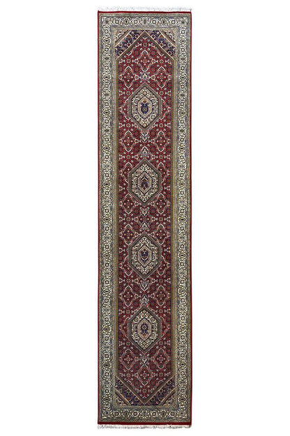 Bidjar runner rug with a long rectangular design: red field, patterned border and fringes