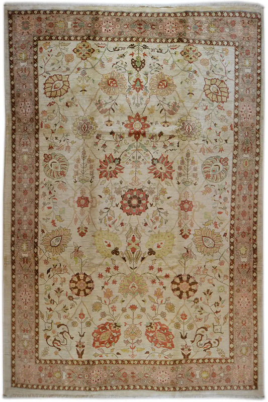 Oriental rug with a beige background, rosette-like ornaments, and a brown border