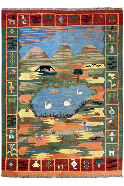 Qashqai kilim rug with lake landscape, mountains, and colorful border design, 201x146 cm