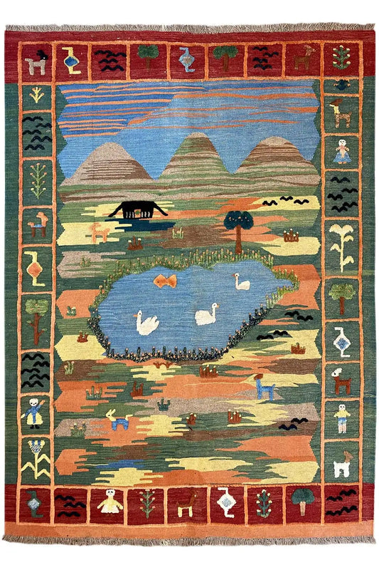 Qashqai kilim rug with lake landscape, mountains, and colorful border design, 201x146 cm