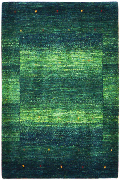 Lori Gabbeh rug, 98x64 cm: green striped pattern, colorful patches