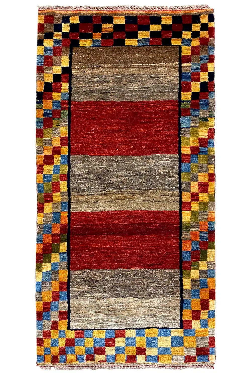Gabbeh rug (190x83 cm) with a square border of colorful tiles and red/ gray fields.