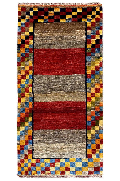 Gabbeh rug (190x83 cm) with a square border of colorful tiles and red/ gray fields.