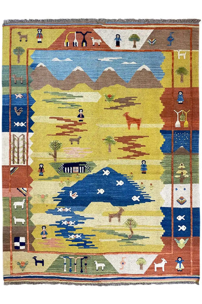 Kilim rug with a landscape design: mountains, river, and small figures, colorful